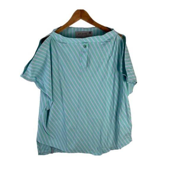 Art Point Lagenlook boxy asymmetrical green purple striped boat neck top Medium - Picture 1 of 9